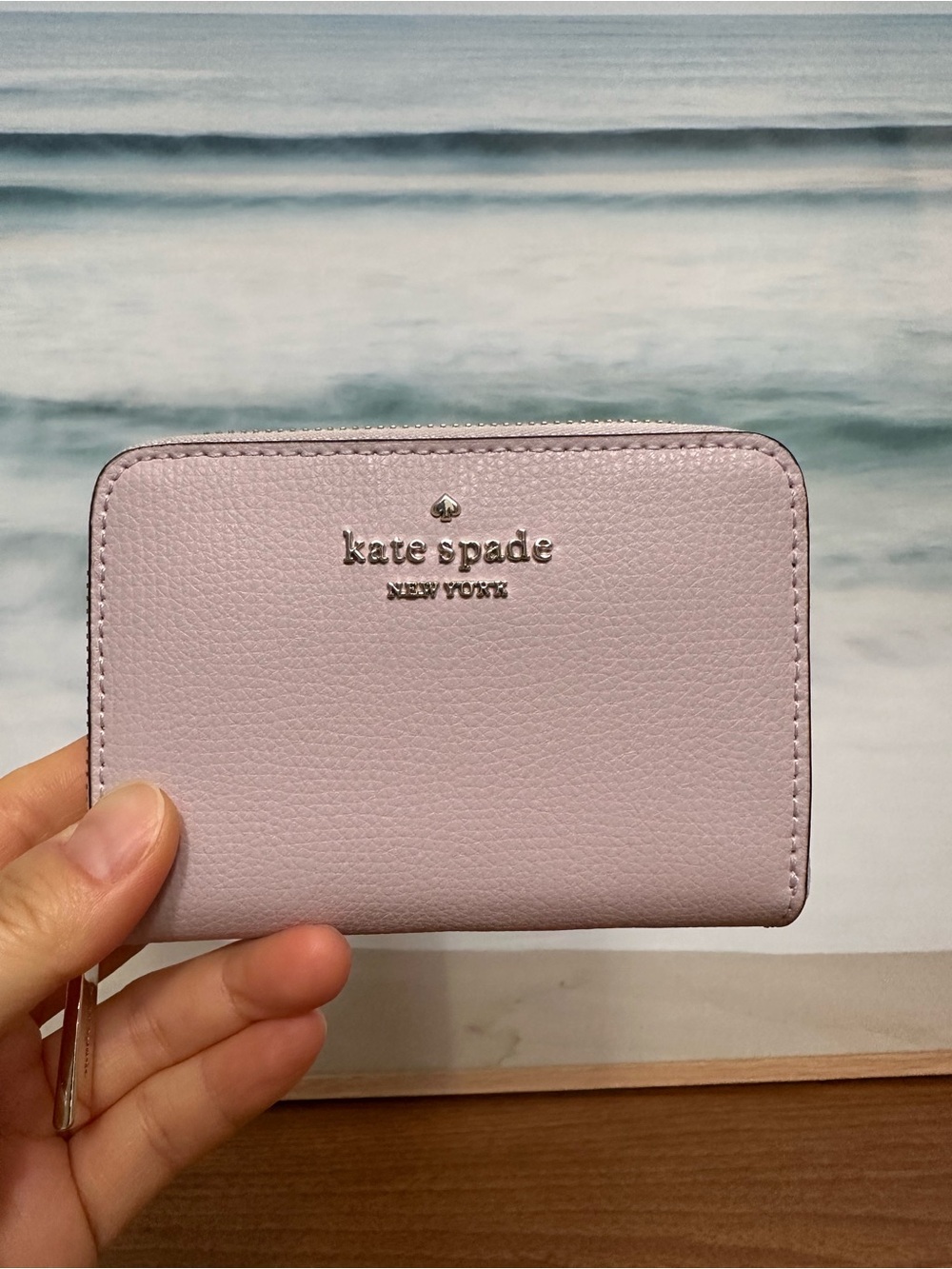 Kate Spade Lilac Pebble Zip Card Wallet with Gold Logo